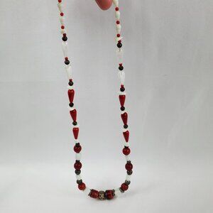 Red/White Beaded Necklace W/Silver Tone Spacers Rose Pattern